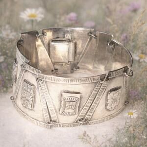 900 Fine Silver Peruvian Story Link Panel Bracelet 7.25 inches long